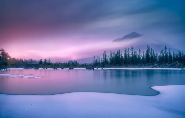 Картинка зима, снег, деревья, горы, озеро, рассвет, утро, Канада
