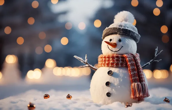 Картинка зима, снег, украшения, Рождество, Новый год, снеговик, happy, Christmas