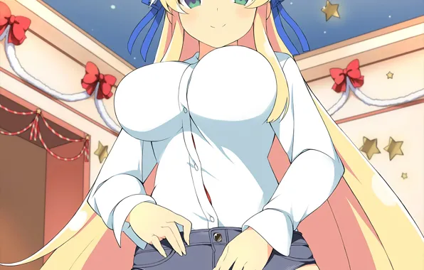 Girl, sexy, shorts, blouse, green eyes, long hair, boobs, anime