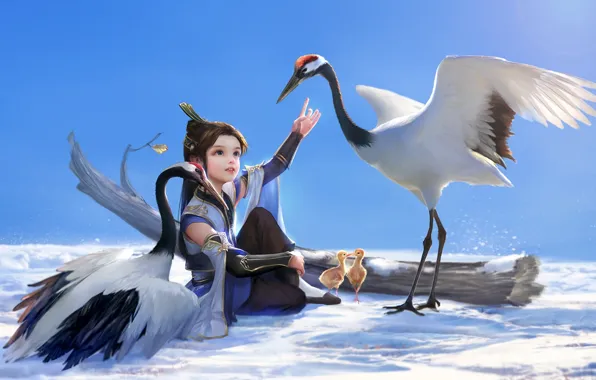 Картинка снег, птицы, дерево, арт, девочка, птенцы, hao6578300