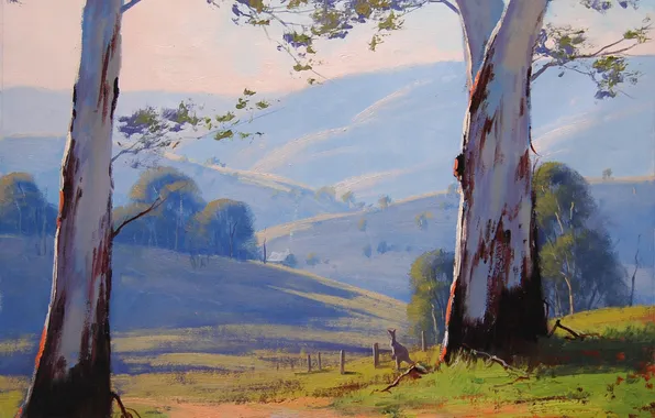 Картинка дорога, деревья, пейзаж, природа, Австралия, арт, кенгуру, artsaus