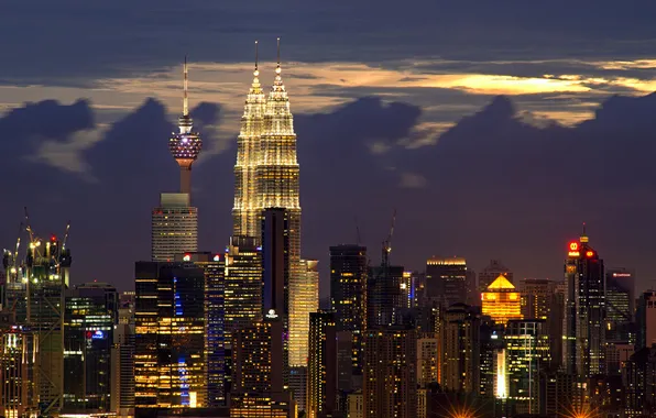Здания, ночной город, небоскрёбы, Малайзия, Kuala Lumpur, Malaysia, Куала-Лумпур