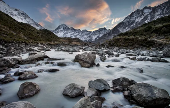 Картинка горы, река, камни, Новая Зеландия, New Zealand, Hooker River, Mount Cook National Park