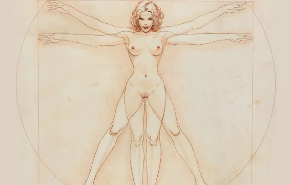 Девушка, Картина, Золотое сечение, Milo Manara, Витрувианский человек, Мило Манара, Итальянский художник