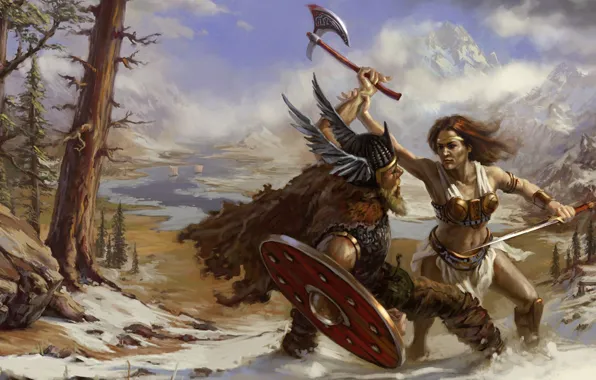 Картинка природа, ярость, шлем, битва, топор, щит, викинг, девушка воин