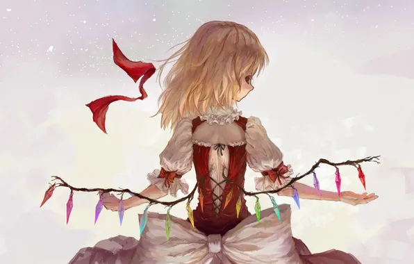 Девушка, крылья, арт, лента, кристаллы, бант, touhou, flandre scarlet