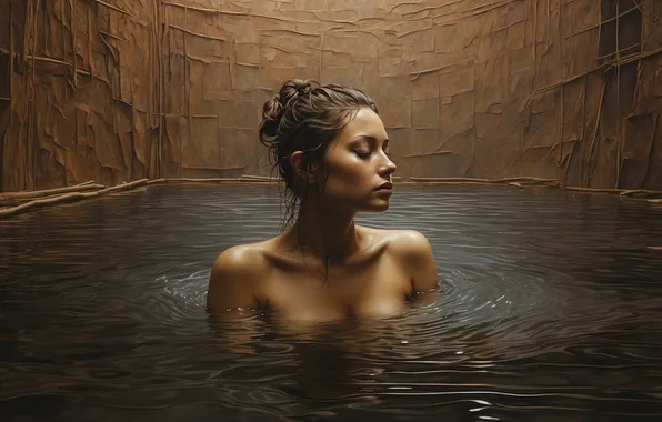 Грудь, вода, девушка, лицо, стены, бассейн, купание, плечи