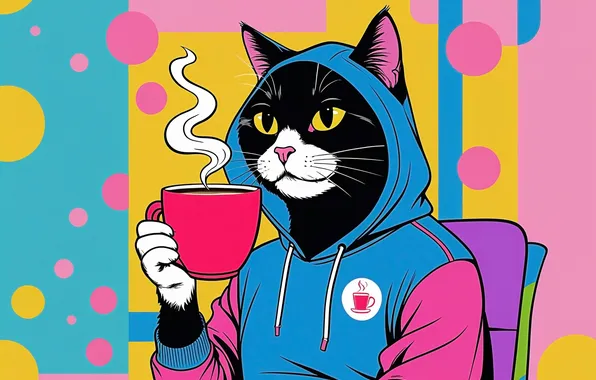 Кошка, кот, взгляд, поза, чай, черный, чаепитие, чашка