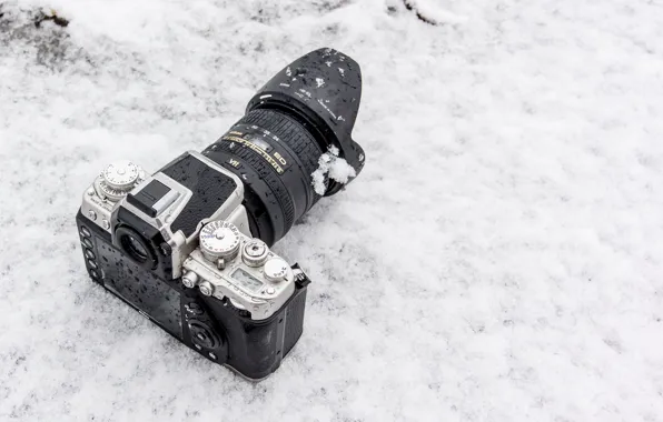 Картинка зима, снег, фон, фотоаппарат, объектив, Nikon 1 AW1