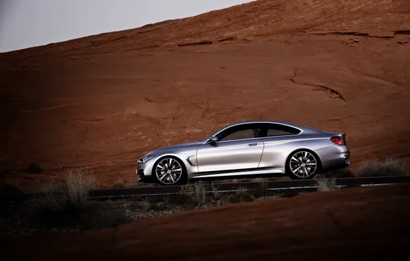 Дорога, Concept, двери, BMW, Серебро, Coupe, series, Вид сбоку