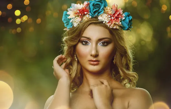 Взгляд, девушка, цветы, природа, портрет, руки, макияж, пирсинг