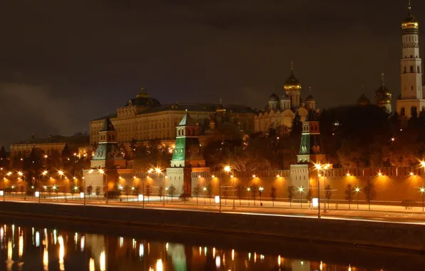 Река, фонари, Москва, кремль