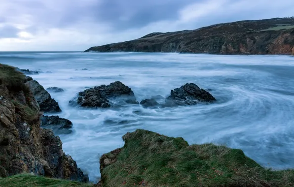 Waves, coast, clouds, rocks, Ocean