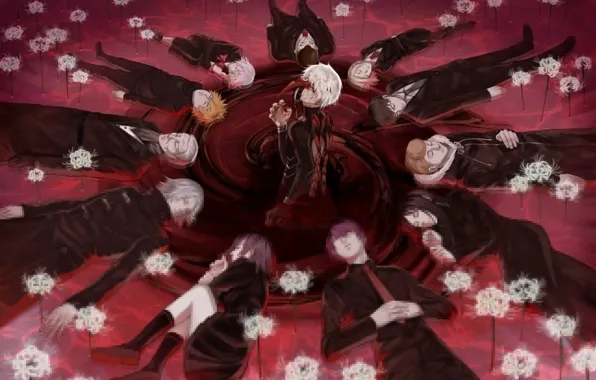Обои anime, art, токийский гуль, Tokyo Ghoul, Ken Kaneki, Kirishima Touka, Juuzou Suzuya, Shuu Tsukiyama, Koutarou Amon, Uta, Koma Enji, Yoshimura, Kaya Irimi, Nishiki Nishio, Renji Yomo, Hideyoshi Nagachika картинки на рабочий