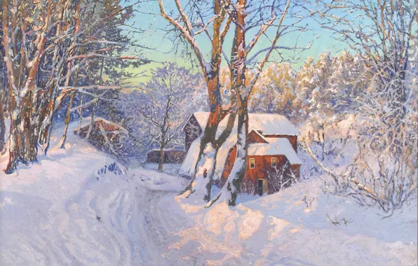 Зима, снег, пейзаж, рассвет, домик, Anshelm Leonard Schultzberg