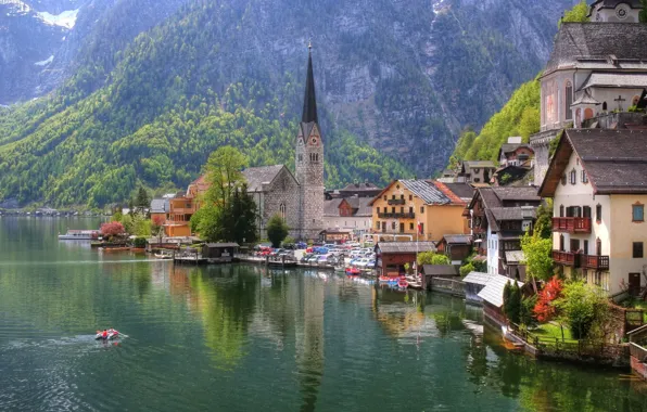 Картинка город, озеро, дома, Австрия, церковь, Austria