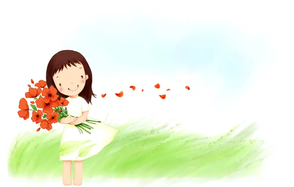 Картинка трава, цветы, улыбка, ветер, букет, лепестки, платье, девочка