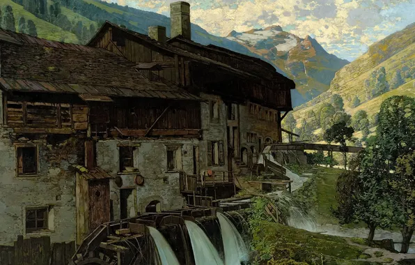 Картинка горы, дом, река, здание, картина, долина, живопись