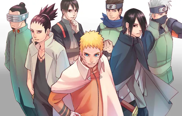 Картинка Naruto, Uchiha Sasuke, Hatake Kakashi, Uzumaki Naruto, Sai, nanadaime, Konohamaru, Shikamaru Nara