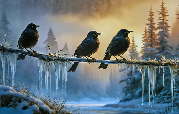 Зима, лес, снег, птицы, природа, провода, сосульки, живопись