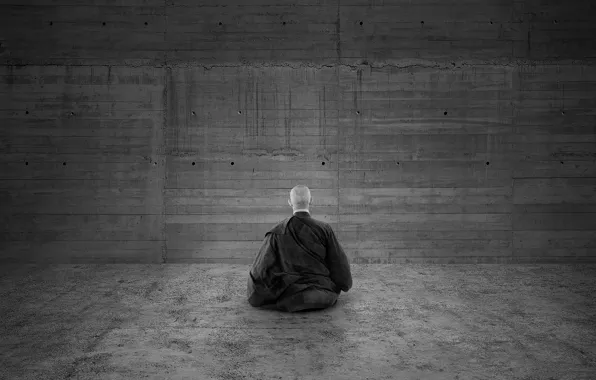 Картинка стена, черно белый, медитация, монах