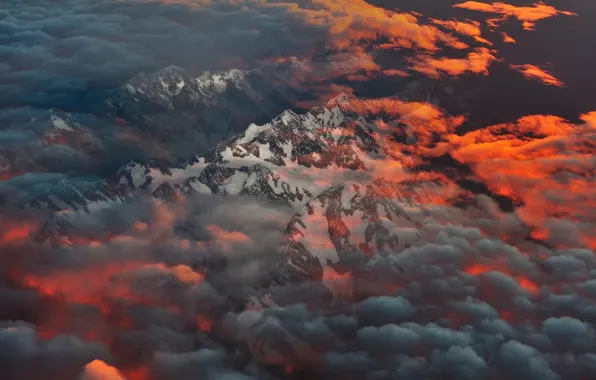 Облака, горы, утро, Новая Зеландия, остров Южный, Южные Альпы
