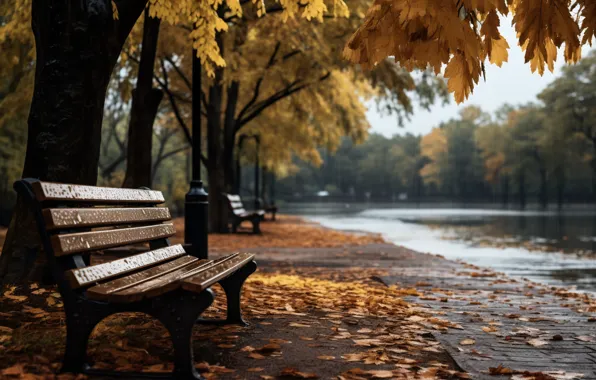 Картинка осень, листья, скамейка, парк, trees, park, autumn, leaves