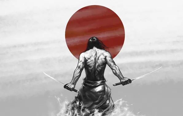 Солнце, сила, обои, рисунок, катана, Япония, воин, Самурай