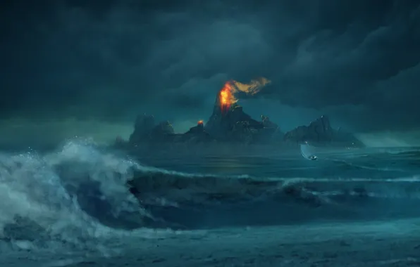 Картинка горы, огонь, лодка, Волны, Risen