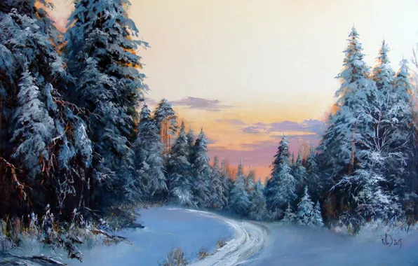 Картинка зима, снег, пейзаж, картина, живопись, Зимний лес, деревья в снегу, Александр Леднев