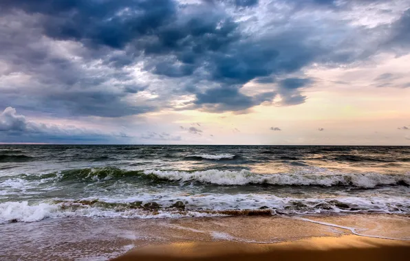 Песок, море, волны, пляж, лето, тучи, waves, summer