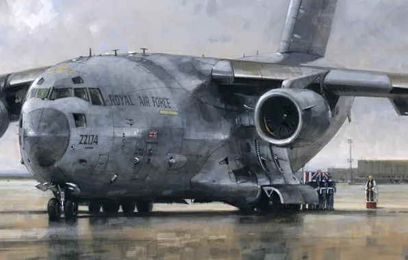 Картинка самолет, рисунок, Boeing, аэродром, священник, C-17 Globemaster, военно-транспортный, церемония