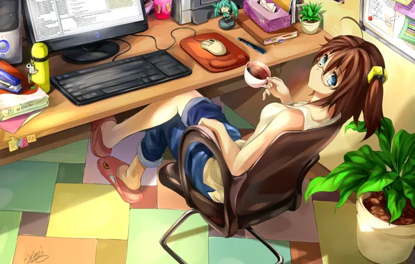 Компьютер, взгляд, девушка, комната, кофе, удивление, vocaloid, hatsune miku