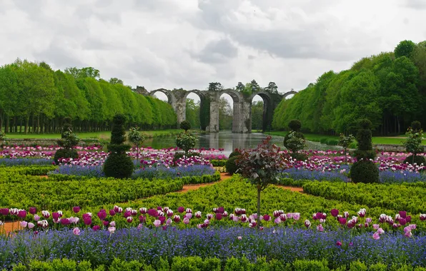 Картинка цветы, парк, Франция, тюльпаны, акведук Ментенон
