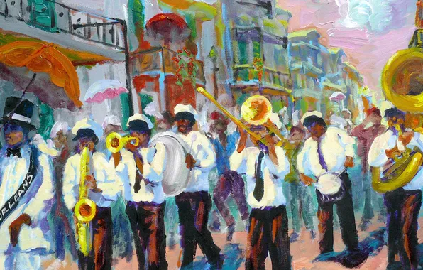 Картинка город, улица, картина, США, карнавал, музыканты, оркестр, Новый Орлеан
