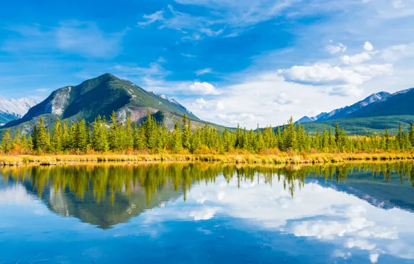 Картинка осень, небо, деревья, горы, озеро, Канада, Альберта, Banff National Park