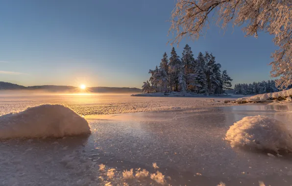Картинка зима, снег, деревья, восход, рассвет, остров, лёд, утро