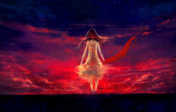 Девушка, закат, шарф, art, nanfe