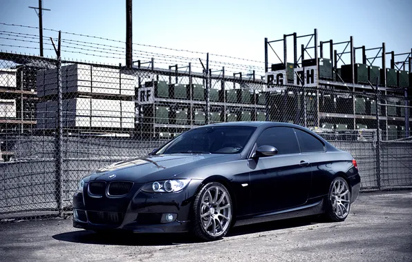 Картинка чёрный, забор, бмв, BMW, black, Coupe, 335i, E92
