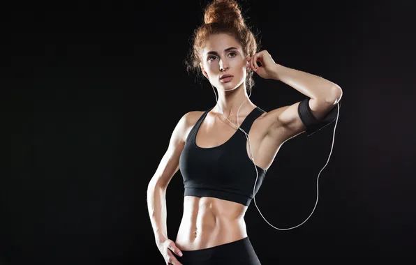 Music, woman, posing, fitness, listening