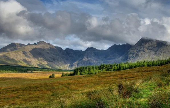 Картинка небо, трава, облака, деревья, горы, склон, шотландия