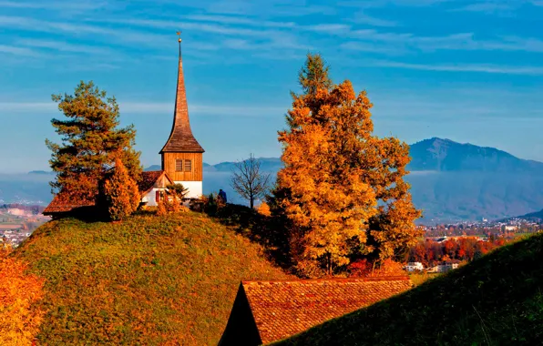 Картинка осень, деревья, горы, дома, Швейцария, долина