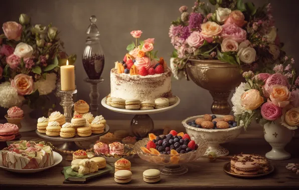 Цветы, сладости, натюрморт, cake, flowers, пирожные, still life, sweets