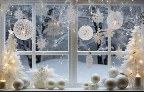 Картинка зима, снег, украшения, шары, елка, Новый Год, окно, Рождество