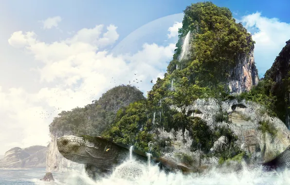 Картинка горы, фантазия, океан, растительность, остров, черепаха, desktop, фентази