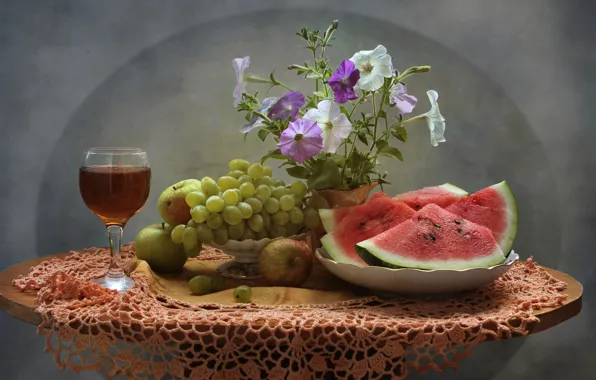 Картинка цветы, вино, арбуз, виноград