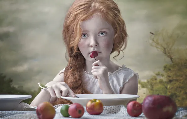 Картинка настроение, яблоки, девочка, тарелки, рыжая, птичка, рыжеволосая, черешня