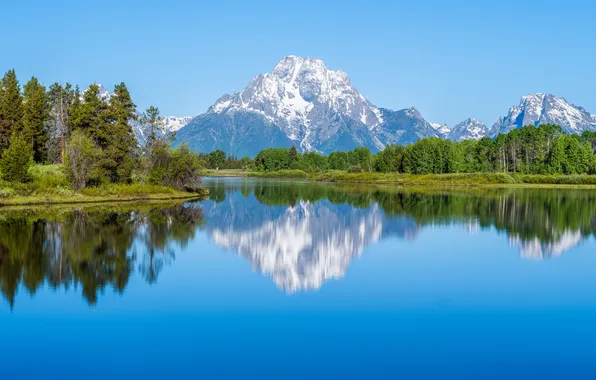 Пейзаж, горы, природа, отражение, реки, Grand Teton National Park, Oxbow Bend