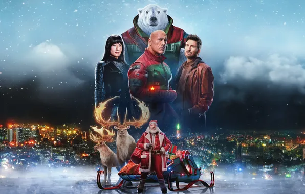 Рождество, Новый год, Санта Клаус, олени, белый медведь, Red One