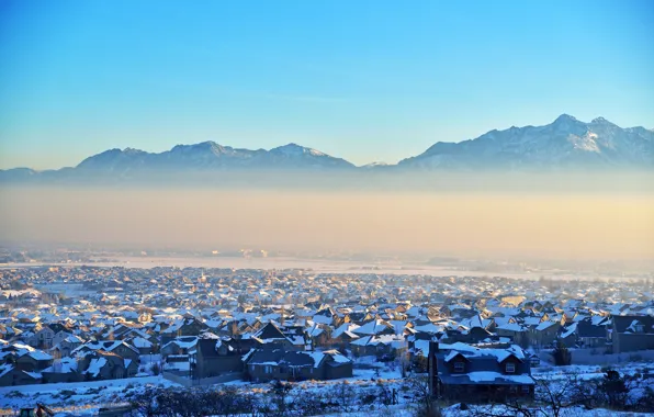 Картинка зима, горы, природа, город, озеро, здания, дома, Юта